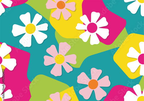 Vibrant seamless floral pattern with retro pop art daisy flowers on a colorful abstract background in a paper cutout style