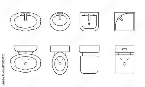 sanitary ware icons set for washroom, top view of architectural elements of wash basin, toilets, sinks, commode seats, set of toilet icons
