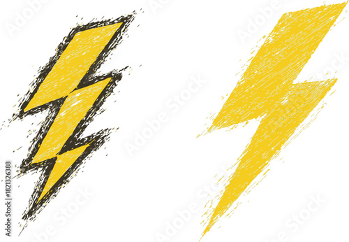 Lightning bolt sketch hand drawn style with rough textured yellow strokes. Vector illustration