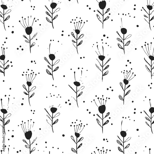 Black and white floral pattern, hand drawn sketch style with botanical flowers and leaves. Vector illustration