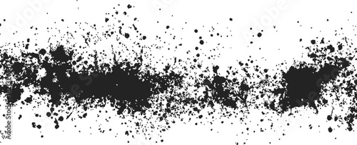 Black ink splatter sketch, hand drawn horizontal grunge paint splash with scattered drops. Vector illustration
