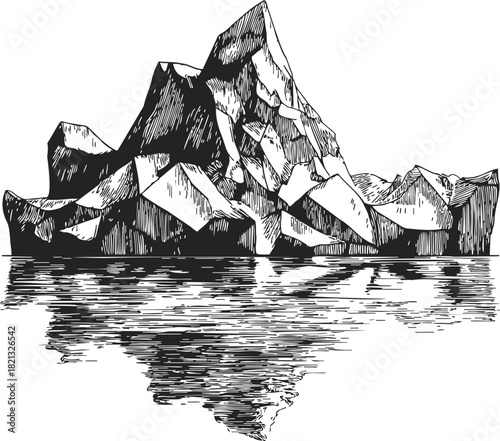 Iceberg sketch hand drawn style with detailed reflection in water. Vector illustration