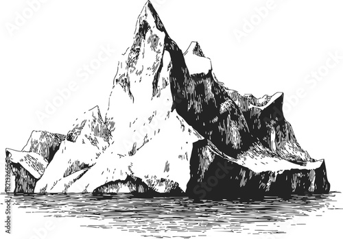 Iceberg hand drawn sketch, floating in ocean water with underwater base visible. Vector illustration