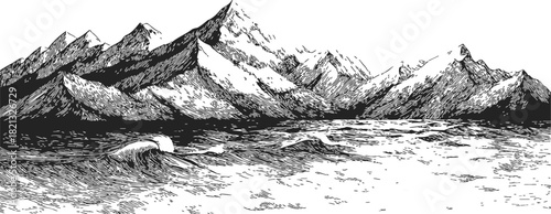 Mountain range sketch hand drawn with dramatic peaks and waves in foreground. Vector illustration