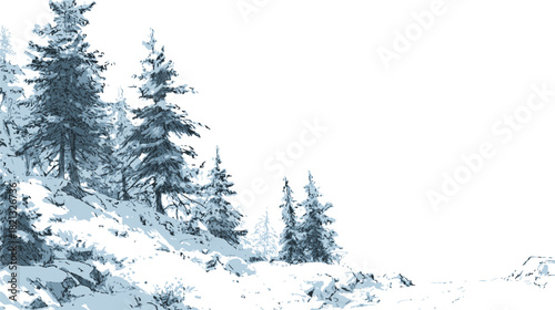 Snowy pine trees sketch, hand drawn winter forest landscape with snow covered hillside. Vector illustration