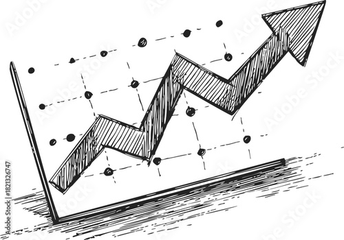 Upward trend graph sketch, hand drawn line art with rising arrow and data points. Vector illustration