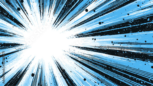 Comic explosion sketch, hand drawn burst with dynamic black and blue radial lines. Vector illustration