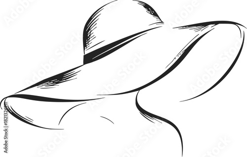 Wide brim hat sketch, hand drawn outline of elegant sun hat on head. Vector illustration