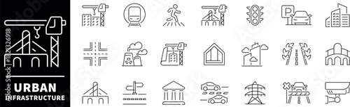 Urban infrastructure vector icons collection. Thin line icons related to urban infrastructure and city development. Infrastructure vector icons in line style