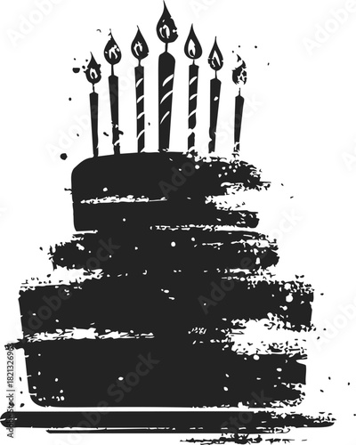 Birthday cake, hand drawn sketch with lit candles, layered celebration dessert. Vector illustration
