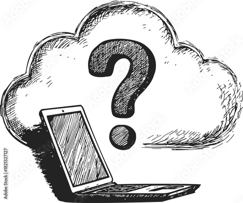 Cloud computing concept sketch, hand drawn laptop and question mark in cloud. Vector illustration