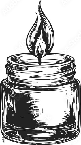 Candle jar sketch, hand drawn vector, detailed glass container with burning flame. Vector illustration