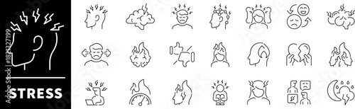Stress vector icons collection. Thin line icons related to stress and anxiety. Stress vector icons in line style