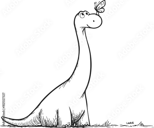 Dinosaur hand drawn sketch with butterfly on head, long neck, playful character. Vector illustration
