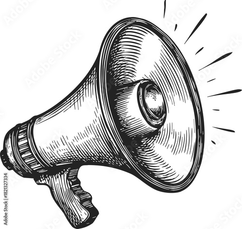 Megaphone sketch hand drawn style with sound lines and detailed shading. Vector illustration
