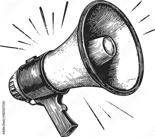 Megaphone sketch hand drawn style with sound lines and detailed shading. Vector illustration