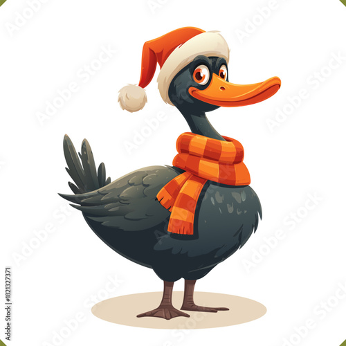 Vector illustration of black swan wearing scarf and hat, isolated on a white background, perfect for holiday winter greetings and children projects