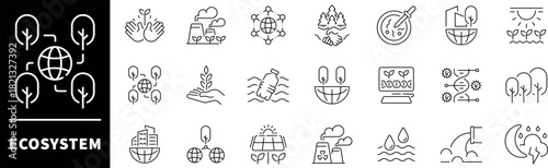 Ecosystem vector icons. Thin line icons related to ecosystem and environment. Ecosystem vector icons in line style