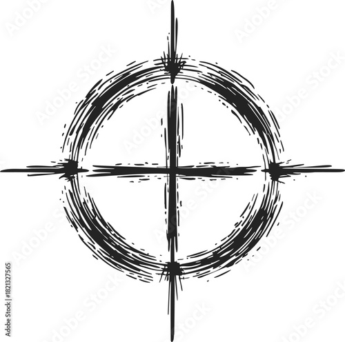 Crosshair target, hand drawn sketch style with circular reticle and directional lines. Vector illustration