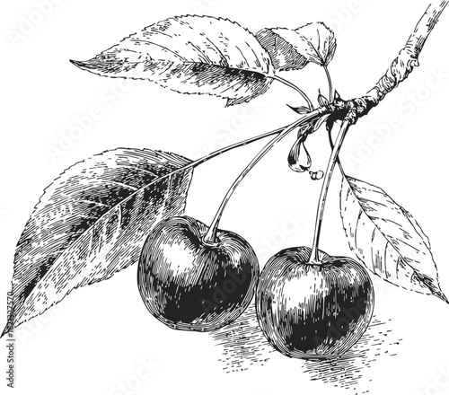 Cherry branch sketch, hand drawn style with two cherries and detailed leaves. Vector illustration
