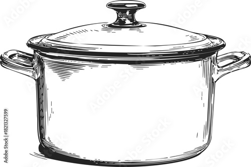 Stock pot sketch hand drawn with lid and handles, classic kitchen cookware. Vector illustration