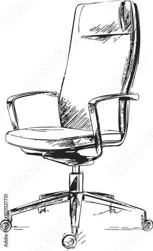 Office chair sketch hand drawn with high backrest and armrests on wheels. Vector illustration
