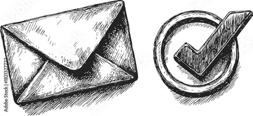 Envelope sketch with check mark hand drawn in black and white style. Vector illustration