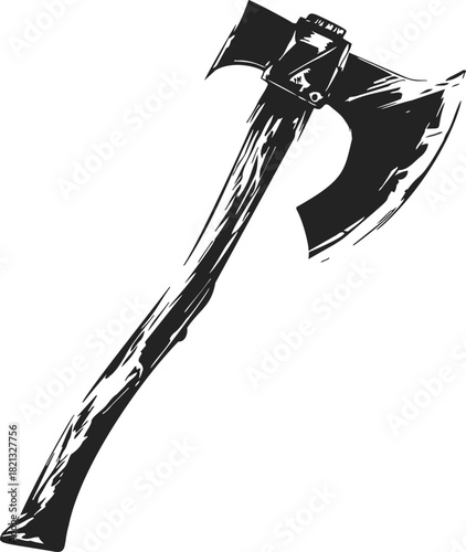 Battle axe sketch, hand drawn vector, rustic wooden handle and sharp blade. Vector illustration