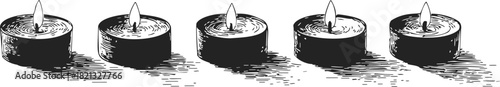 Tealight candles sketch hand drawn in row with detailed shadows. Vector illustration