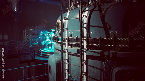 Quadro su tela The laboratory features intricate machinery and glowing blue components