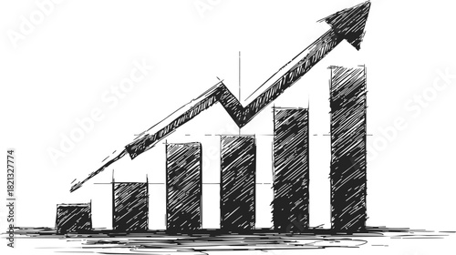 Bar chart sketch with upward arrow, hand drawn style, representing growth and progress. Vector illustration