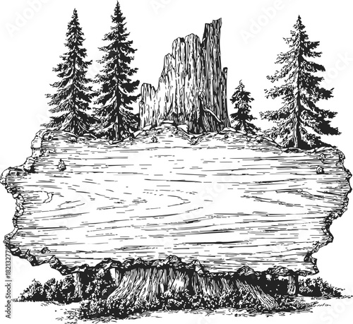 Tree stump sketch with blank wood sign and pine trees in forest. Vector illustration
