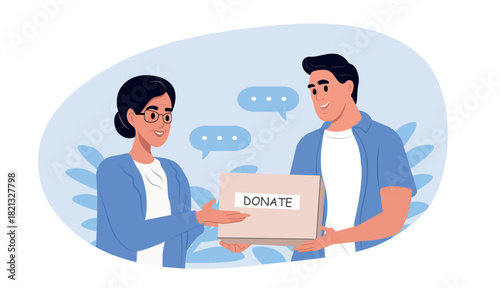 International Volunteer Day. Volunteer hands over a box to an elderly woman at a social assistance center. Humanitarian aid and social support for the elder.