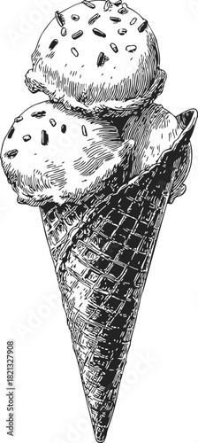 Ice cream cone sketch, hand drawn style with three scoops and sprinkles. Vector illustration