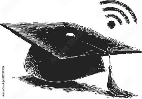 Graduation cap sketch with tassel and wifi signal icon, hand drawn style. Vector illustration