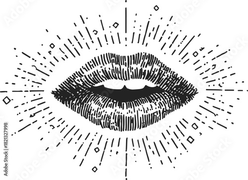 Lips sketch hand drawn with radiant burst lines and geometric accents. Vector illustration