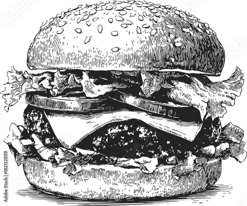 Hamburger sketch hand drawn with lettuce, cheese, tomato, and sesame bun. Vector illustration