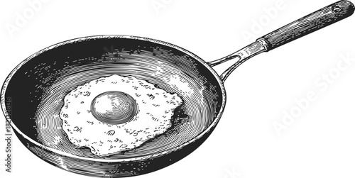 Frying pan sketch with fried egg, hand drawn kitchen utensil illustration. Vector illustration
