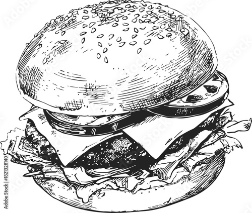 Burger sketch hand drawn with sesame bun, cheese, lettuce, tomato, and patty. Vector illustration