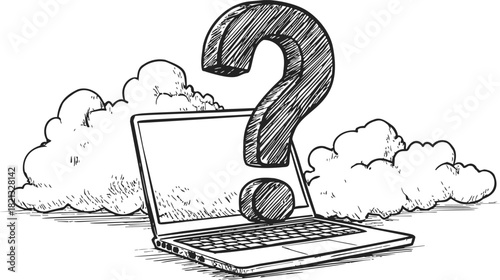 Laptop with large question mark and clouds, sketch hand drawn style. Vector illustration