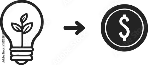 Light bulb with plant and arrow to dollar coin, sketch hand drawn concept. Vector illustration