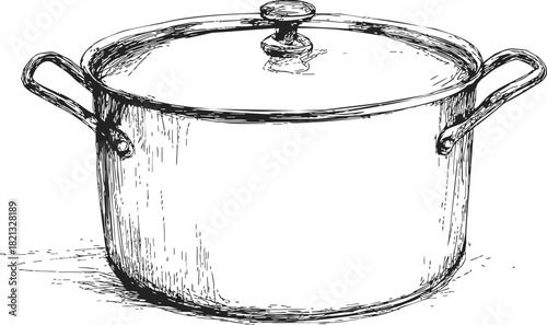 Stock pot sketch hand drawn with lid and side handles. Vector illustration