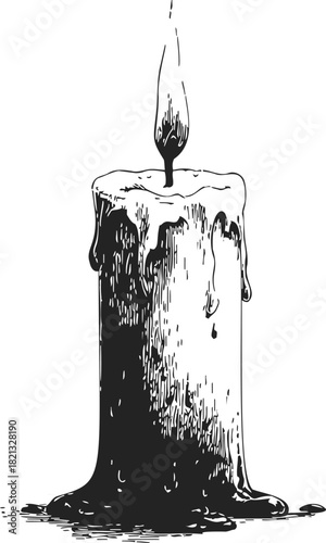 Candle sketch hand drawn with melting wax and burning flame. Vector illustration