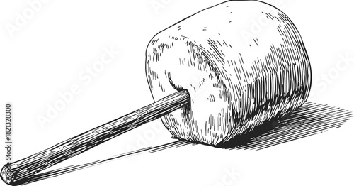 Wood mallet sketch, hand drawn style with textured wooden handle and cylindrical head. Vector illustration