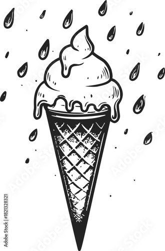 Ice cream cone sketch hand drawn with melting drops and waffle texture. Vector illustration