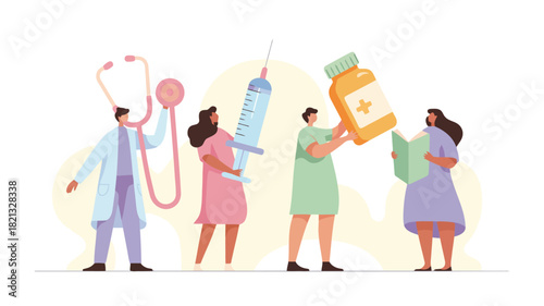 A vibrant vector illustration featuring a group of four diverse figures with one individual prominently holding a bright pink object rendered in a clean modern graphic style