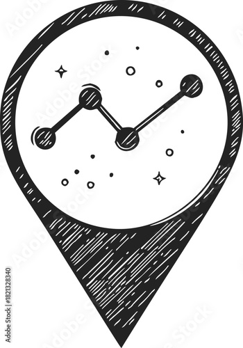 Star constellation map pin sketch, hand drawn celestial navigation symbol. Vector illustration