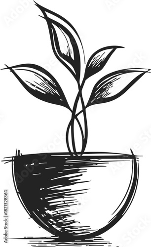 Potted plant sketch hand drawn with bold lines and textured shading. Vector illustration