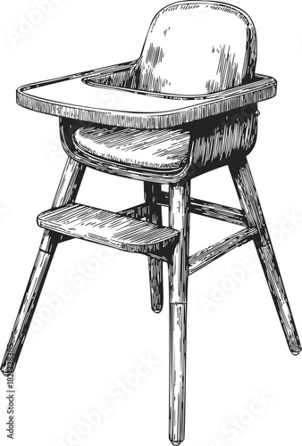 High chair sketch, hand drawn wooden baby seat with tray and footrest. Vector illustration