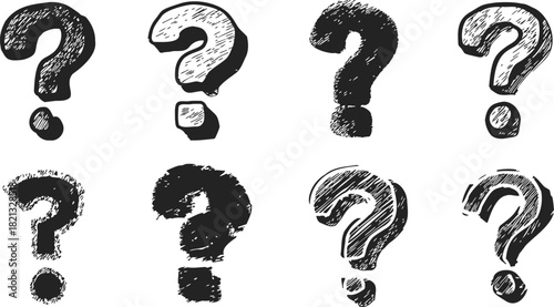 Question mark sketch hand drawn set, various grunge textured styles. Vector illustration